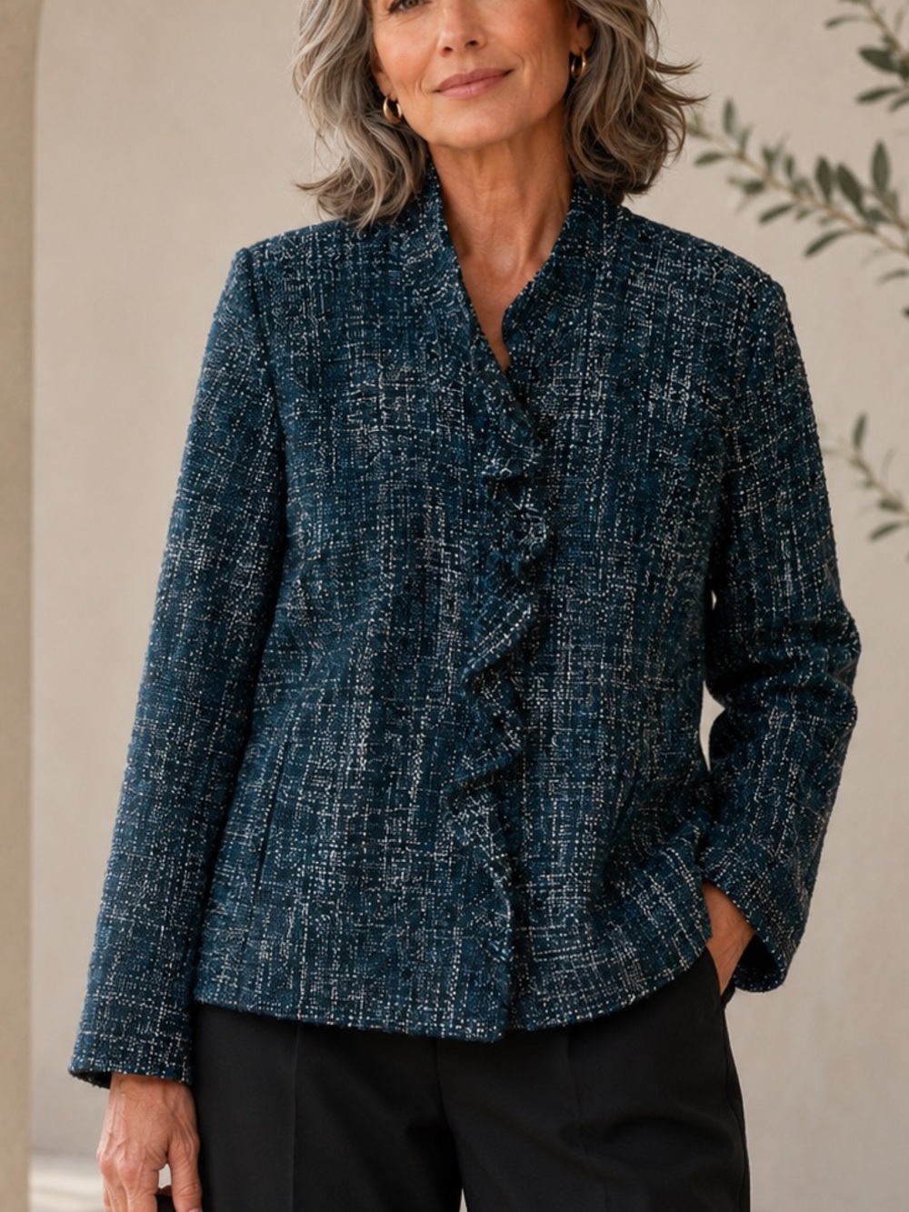 Chicos size 3 / XL mystic tweed Rachelle ruffle blazer blue black white office
